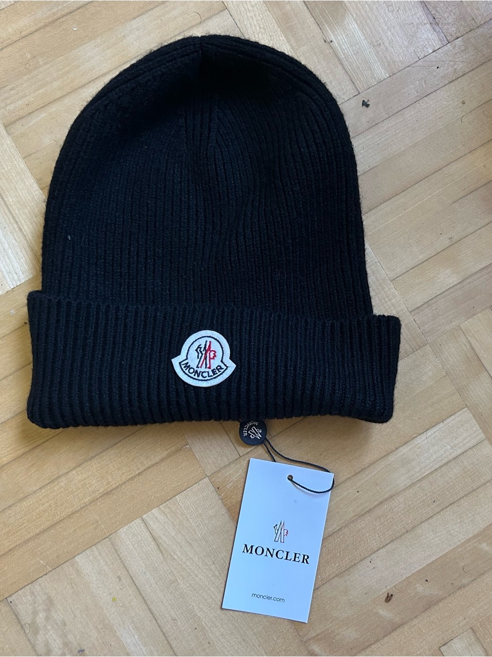 Moncler Black Ribbed Logo Cuffed Beanie